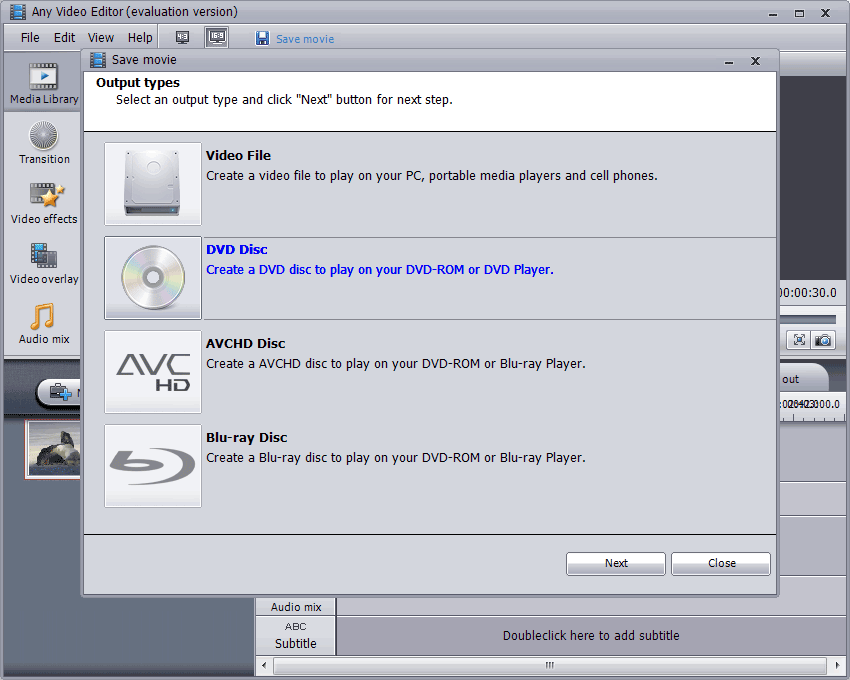 Burn movie project onto a CD-R/RW, DVD+/-R, DVD+/-RW, DVD-RAM, Double/Dual Layer DVD disc to be played in a standard DVD player.